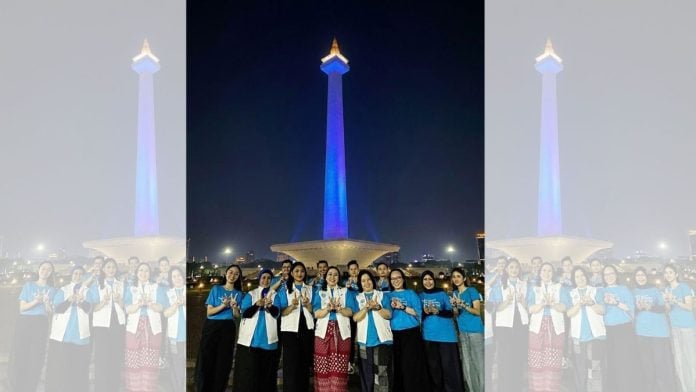 Jakarta's National Monument Monas turned blue on 18 September to mark the event. Special Arrangement